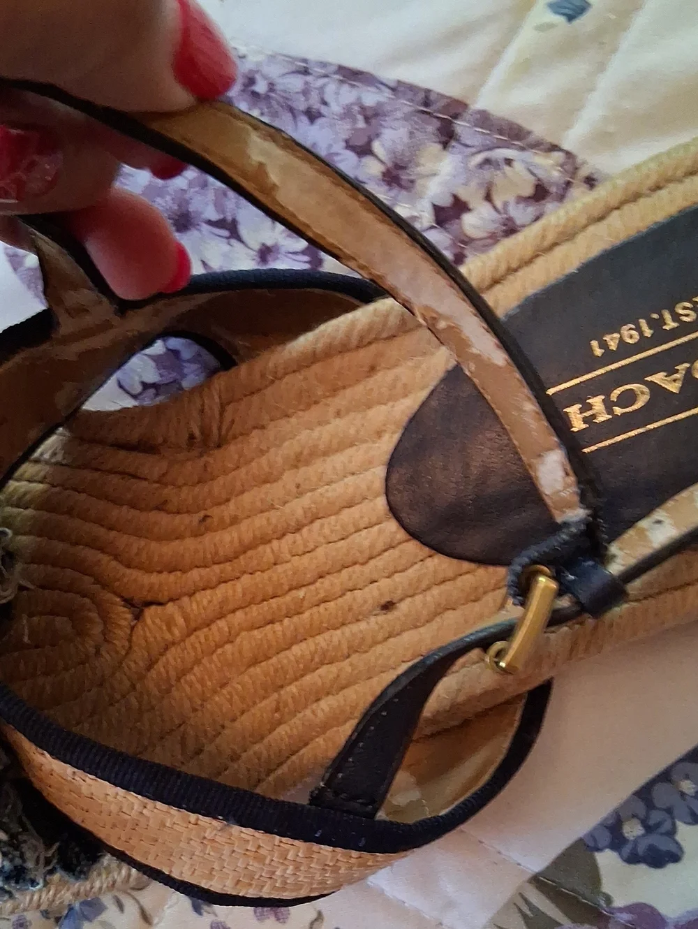 Coach Beige and Navy Floral Rope Sandals. Size 10B